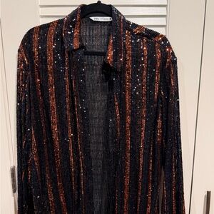 Zara Black and Orange Sequin Button-Up Shirt